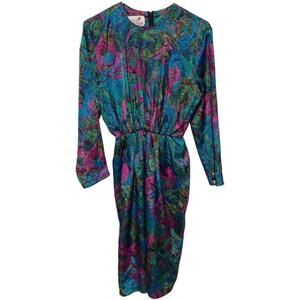 Vintage Caron Petite Satin Secretary Dress Size 8 Multicolor Office Career VTG